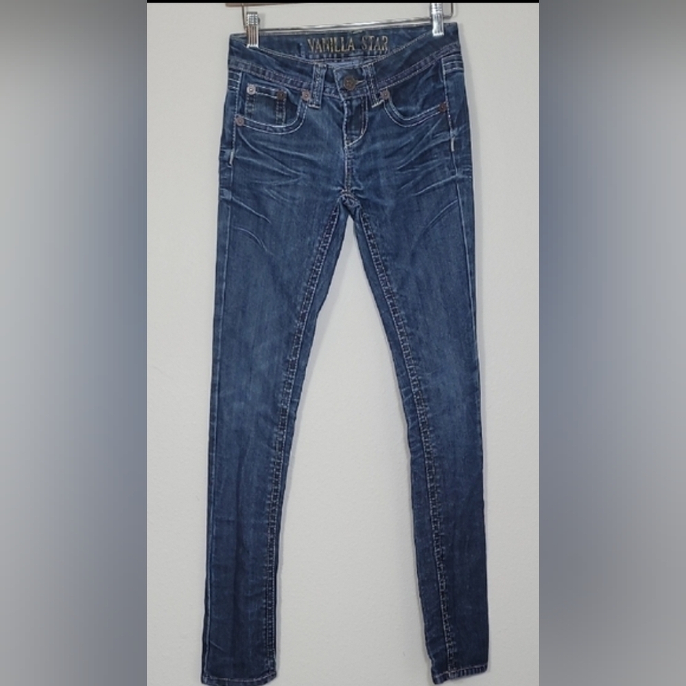 Vanilla Star Womens Low Rise Skinny Jeans Size 0 Whisker Y2K Stitching Dark Wash